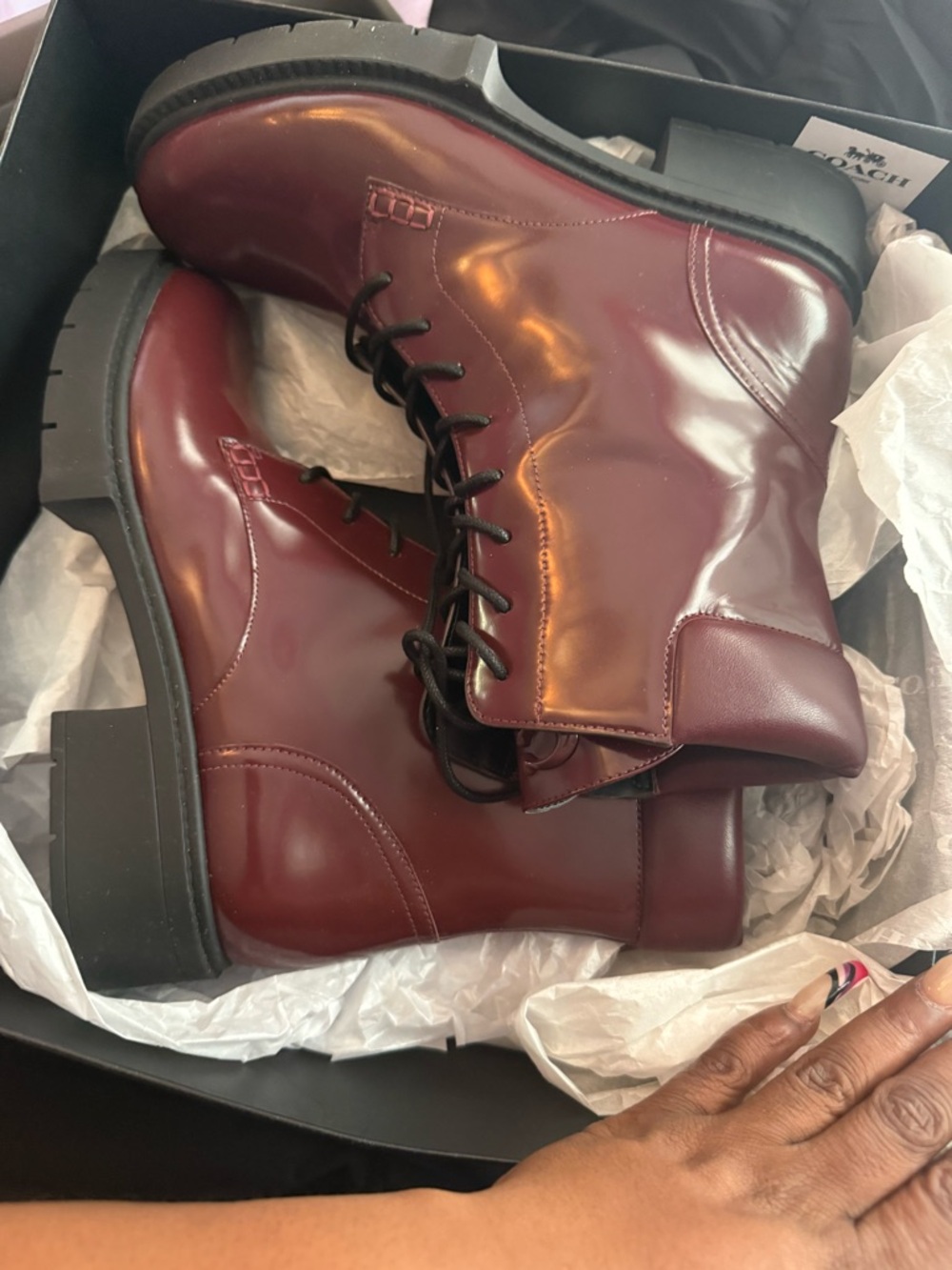 Coach Woman’s Lace-Up Boots in Burgundy Patent Leather - Picture 2 of 7